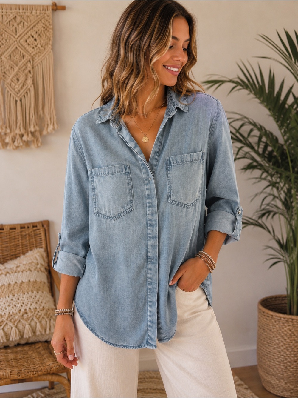 Velvet Heart Chambray Button Down Tunic Shirt Large Roll Tab High Low Boho